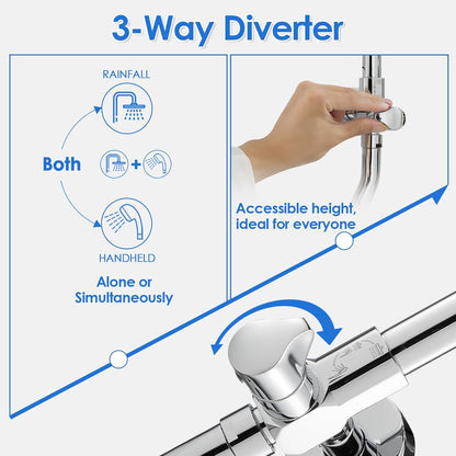 ROVOGO Retrofit Shower System with 7" RainShower, 5-Setting Handheld, 22" Slide Bar with 3-Way Rotary Diverter, Exposed Pipe Shower Column Kit 304 Stainless Steel, Chrome (NOT Include Mixer Valve) - PuriLite