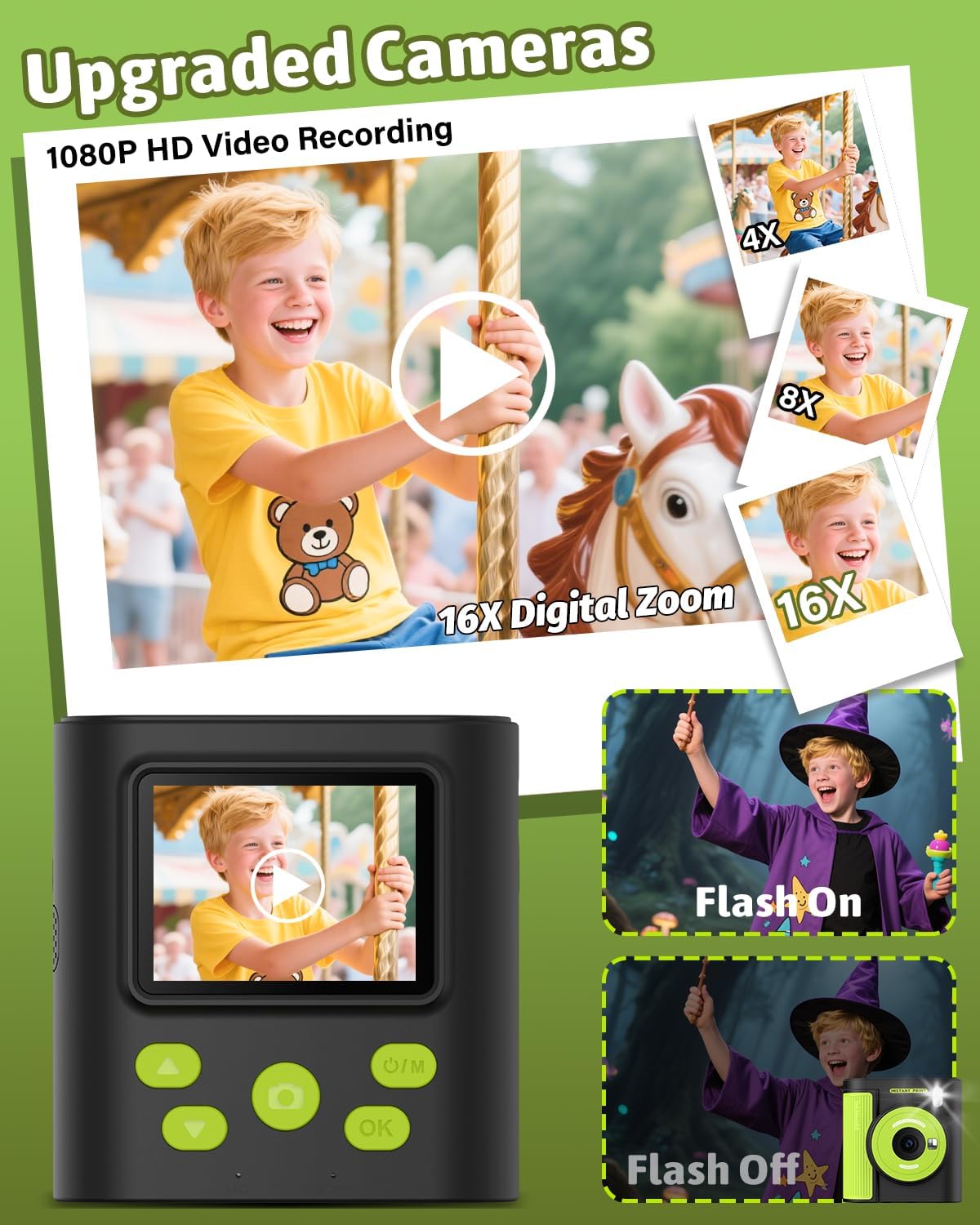 Mgaolo Kids Camera with Instant Print, Thermal Printing Digital Camera Gift for 3-12 Years Old Children, Safe Ink-Free Design, Toy for Creativity & Learning (Black) - PuriLite