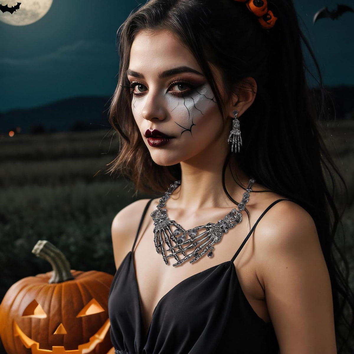 EVER FAITH Austrian Crystal Halloween Skeleton Hand Skull Necklace Earrings Set - PuriLite