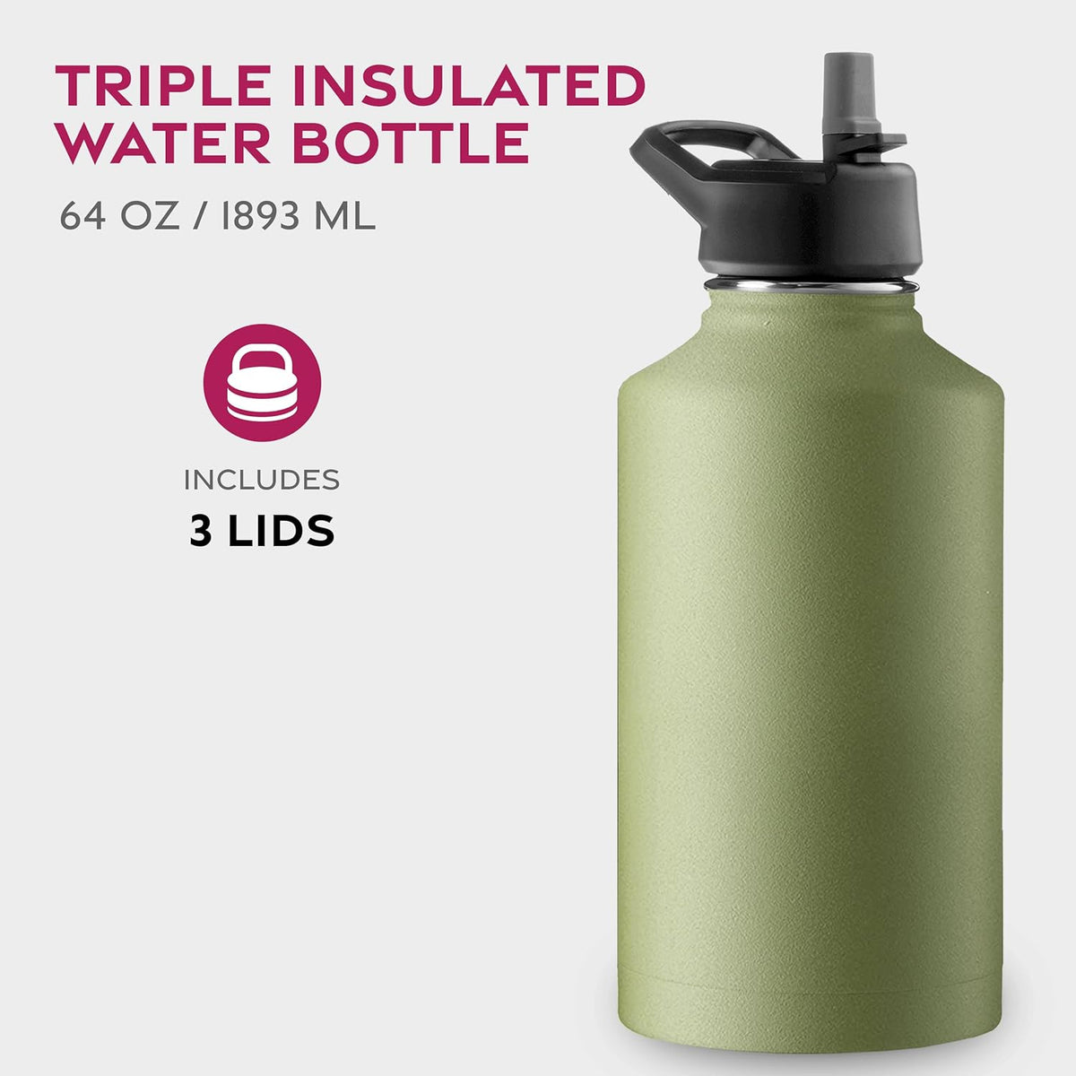 FineDine Water Bottle - Stainless Steel Insulated Water Bottle with Straw Lid, Flip Lid & Wide-Mouth Cap - Keeps Hot and Cold - 25 Oz / 739ml - Pure Pearly White - PuriLite