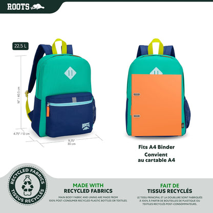 Roots Kids Lightweight Backpack — Made from 100% Recycled Fabrics with Rain Flap, Bottle Pocket, Reflective Accent, and Back Padding — 22.5 litres, Pink & Purple - PuriLite