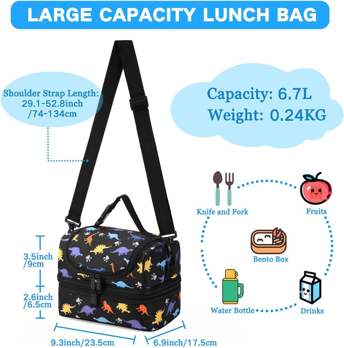 VASCHY Lunch Box Bag Men, Insulated Two Compartments Bento Cooler Bags for Adults/Women/Kids for School,Daycare,Kindergarten,Picnic Black - PuriLite