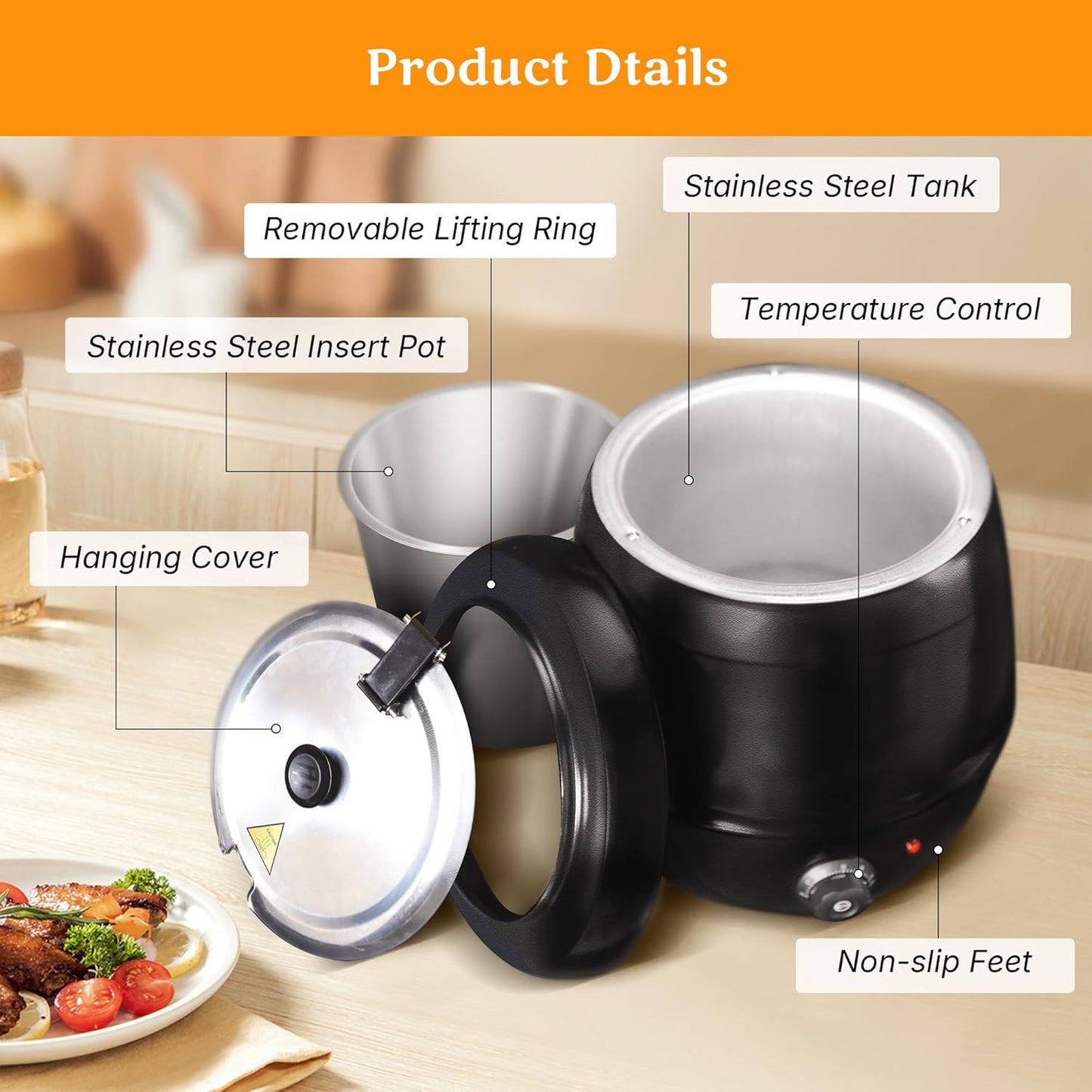 CLIVIA Soup Warmer, 11 Qt Soup Kettle Warmer Electric Commercial Food Kettle Warmer Coountertop with Hinged Lid & Detachable Stainless Steel Insert Pot for Restaurant/Buffet/Hotel/Family, Black - PuriLite