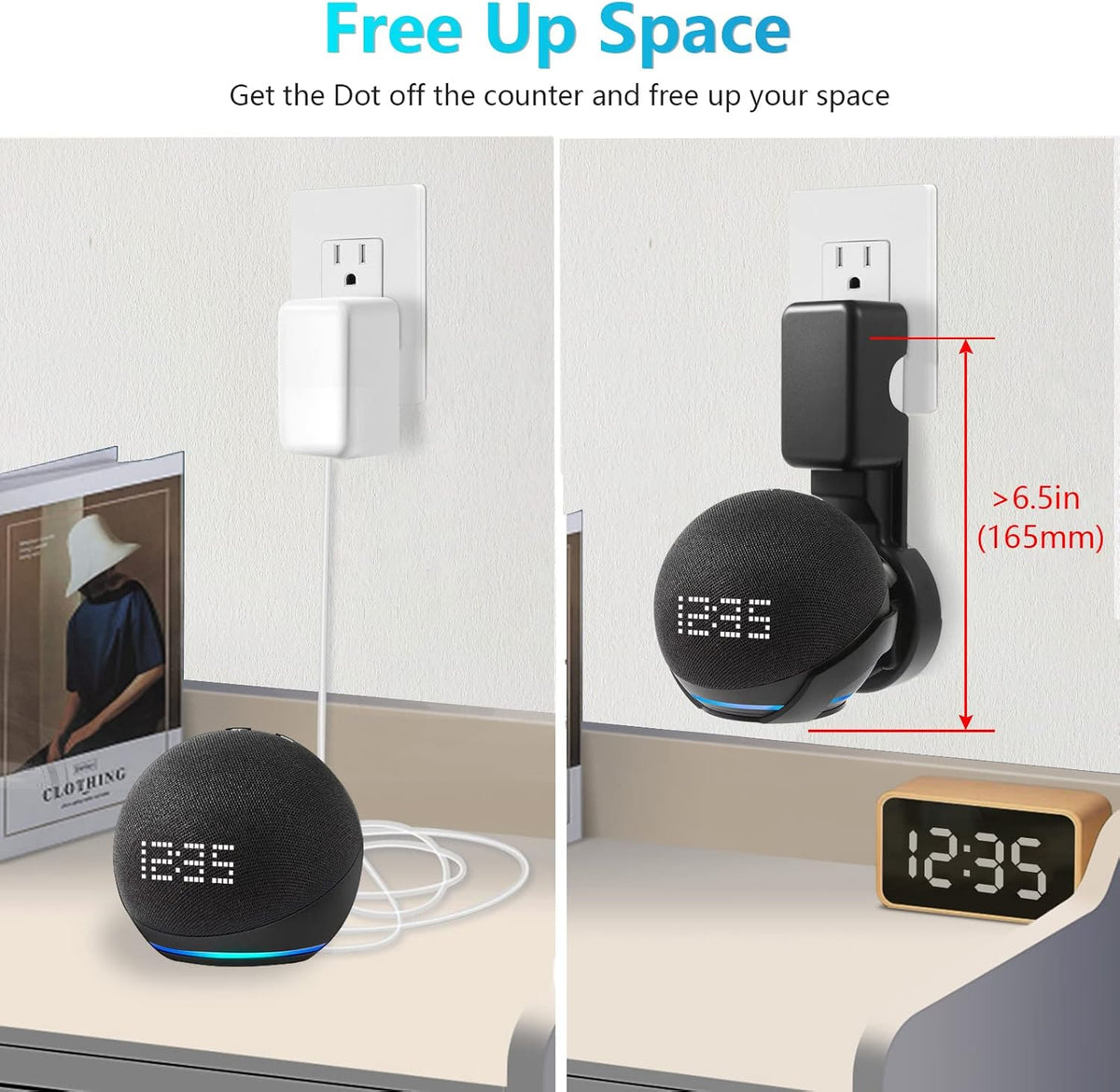 ZUOLACO Wall Mount Holder for Echo Dot 5th Generation, Outlet Wall Mount Stand for Echo Dot 5th/4th Gen, No Screws or Drilling Needed, Space-Saving Dot Accessories with Cable Hidden Storage, Black - PuriLite
