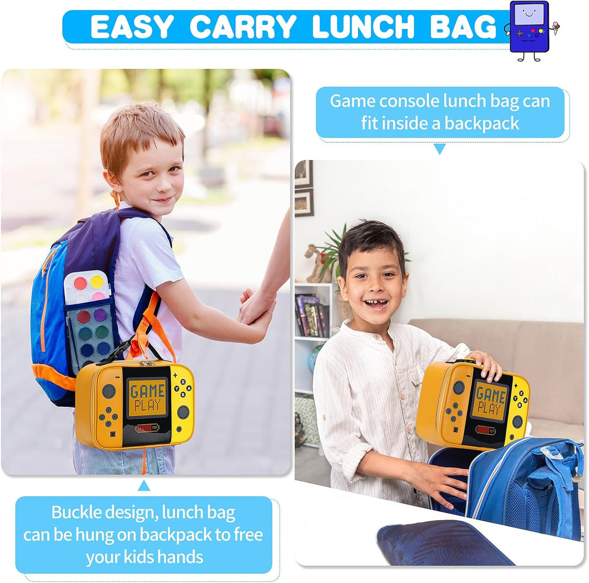Kids Lunch Bag Insulated Back to School Reusable Tote Lunch Box for Girls Boys-Game Play - PuriLite