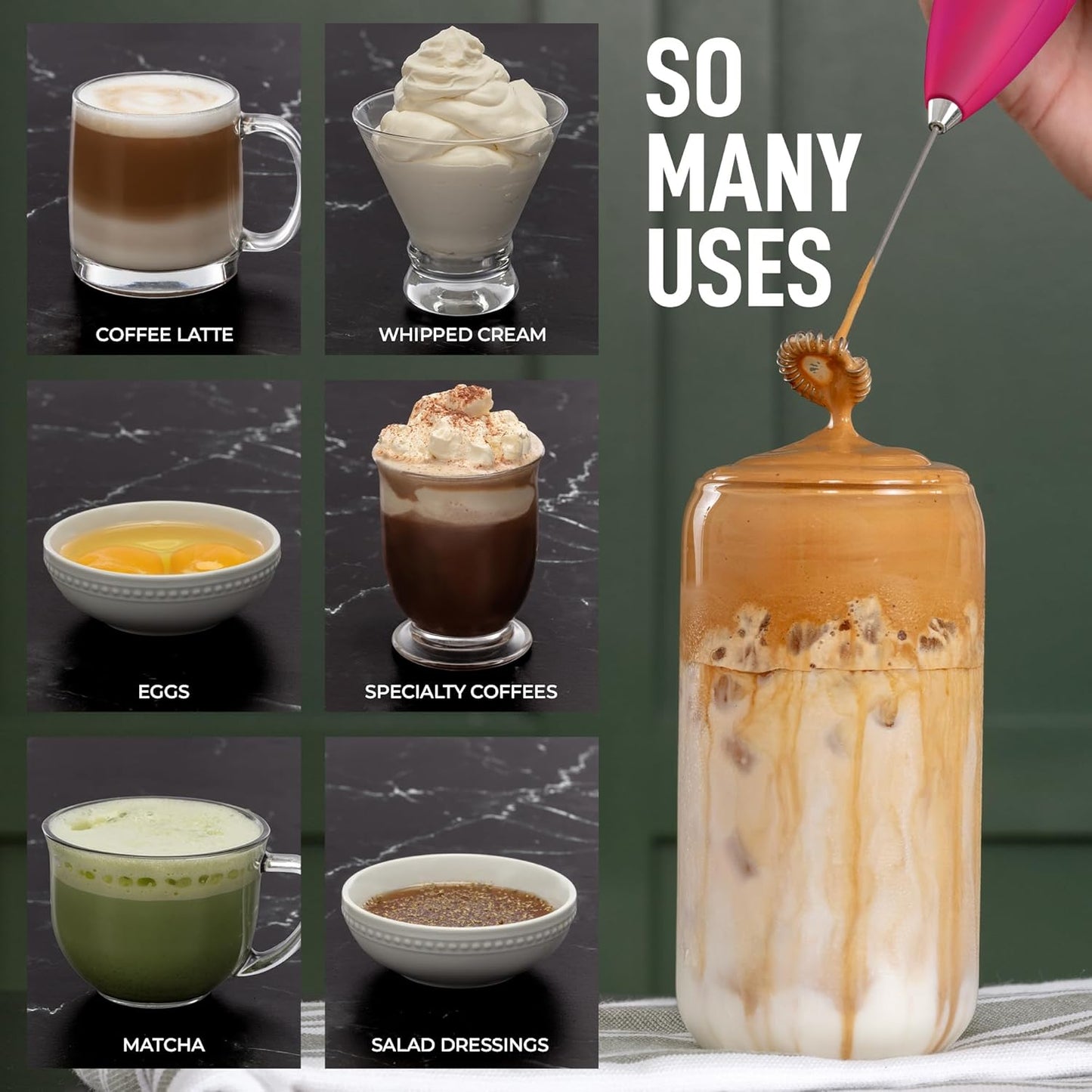 Zulay Kitchen Powerful Double Whisk Milk Frother Handheld - Foam Maker with Stand - Whisk Drink Mixer for Coffee, Mini Foamer for Latte, Matcha, Frappe, Hot Chocolate & Cappuccino (Black) - PuriLite