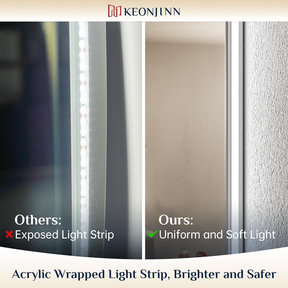 Keonjinn 40 x 32 Inch LED Bathroom Mirror with Acrylic, Backlit Mirror Anti-Fog, Lighted Bathroom Mirror for Wall, CRI90 High Definition Dimmable Large Makeup Mirror(Horizontal/Vertical) - PuriLite