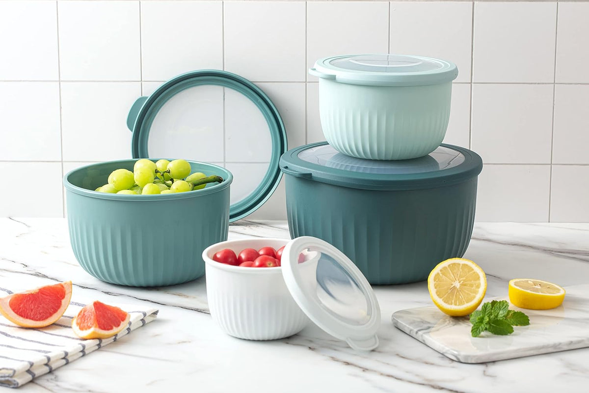 COOK WITH COLOR Prep Bowls with Lids- 8 Piece Nesting Plastic Small Mixing Bowl Set with Lids (Teal Ombre) - PuriLite