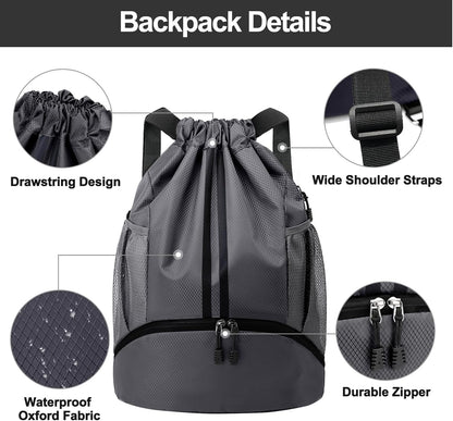 Hoedia Sports Drawstring Backpack - String Swim Gym Bag with Shoes Compartment and Wet Proof Pocket for Women/Men - PuriLite