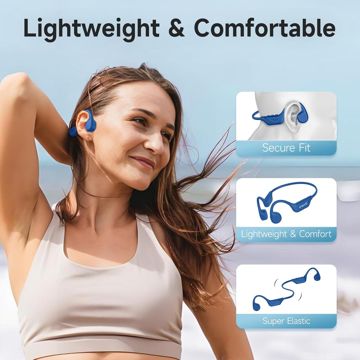 IFECCO Bone Conduction Headphones Bluetooth 5.4 - IPX5 Waterproof Bone Conduction Earbuds,Open Ear Wireless Sport Headphones for Running Workout Cycling (Blue) - PuriLite