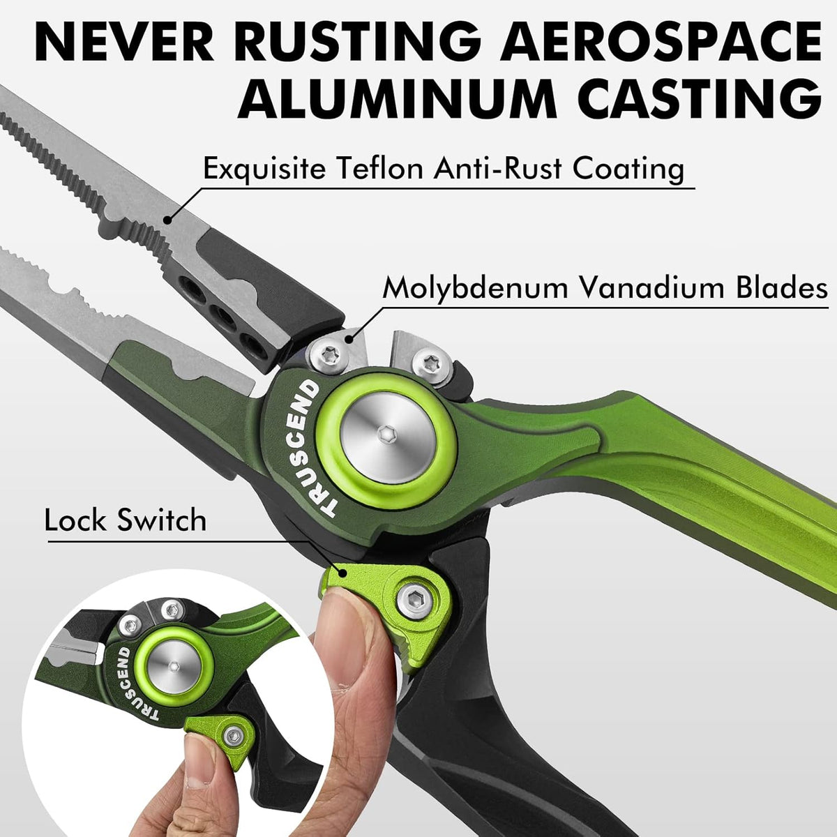TRUSCEND Lockable Handy Fishing Pliers with Innovative Ergonomic Handle, Saltwater Corrosion Resistant Teflon Coated Fishing Tool, Multi-Function Fishing Gear with Mo-V Cutter, Amazing Fishing Gift - PuriLite
