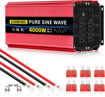 SUNWHEEL 4000W Pure Sine Wave Inverter, 12V DC to 110V/120V AC Power Inverter for RV、Microwave、Off Grid、Truck、Refrigerator、Air Conditioner with 4 AC outlets and LCD Display - PuriLite