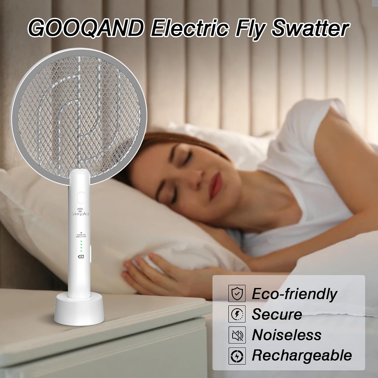 Gooqand Bug Zapper Racket, 2 in 1 Electric Fly Swatte with 3 Layer Safety Mesh, 4000V Fly Zapper with USB Rechargeable, Indoor Outdoor Fly Racket for Bedroom, Kitchen, Camping - PuriLite
