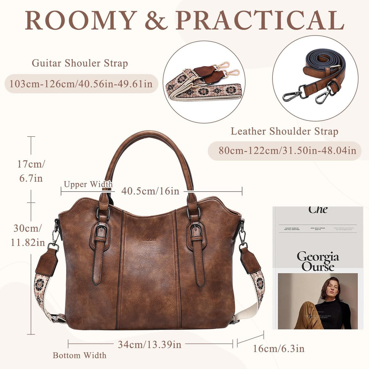 Hobo Bags for Women,VASCHY Vegan Leather Handbag Purse Top Handle Satchel Boho Shoulder Bag with Crossbody Guitar Strap - PuriLite
