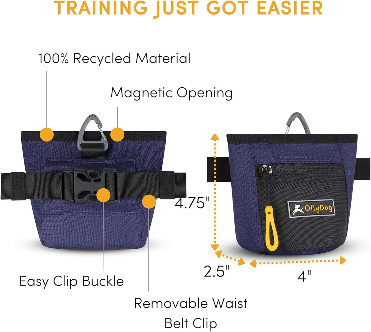 OllyDog Goodie Treat Bag, Dog Treat Pouch, Waist Belt Clip for Hands-Free Training, Magnetic Closure, Dog Training and Behavior Aids, Three Ways to Wear (Wet Weather) - PuriLite