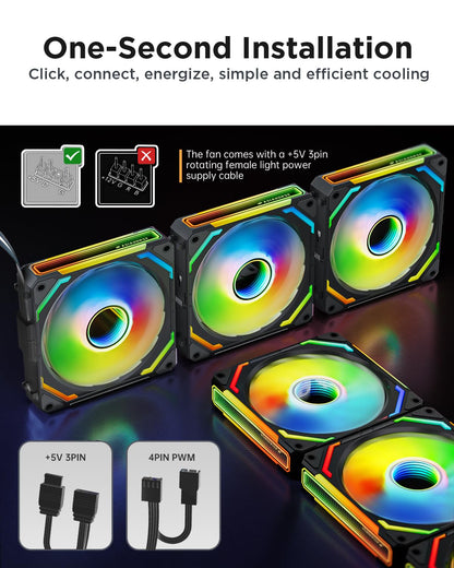AsiaHorse COSMIQ-Black 120mm PC RGB Fans, 5V 3-PIN Connector Daisy Chain FDB PWM Computer Case Fans with RGB Controller for Cases CPU Liquid Coolers, 3Pack (Black) (White, 3_Pack_Forward_Blade) - PuriLite