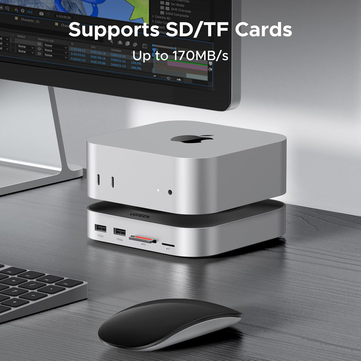 UGREEN Mac mini M4 Dock & Stand with NVMe SSD Enclosure, Docking Station with 3*USB A 3.2, 2*USB A 3.0, 2*USB C 3.2 10Gbps, SD/TF 170MB/s, USB C Hub Compatible with Mac mini M4 Pro - PuriLite