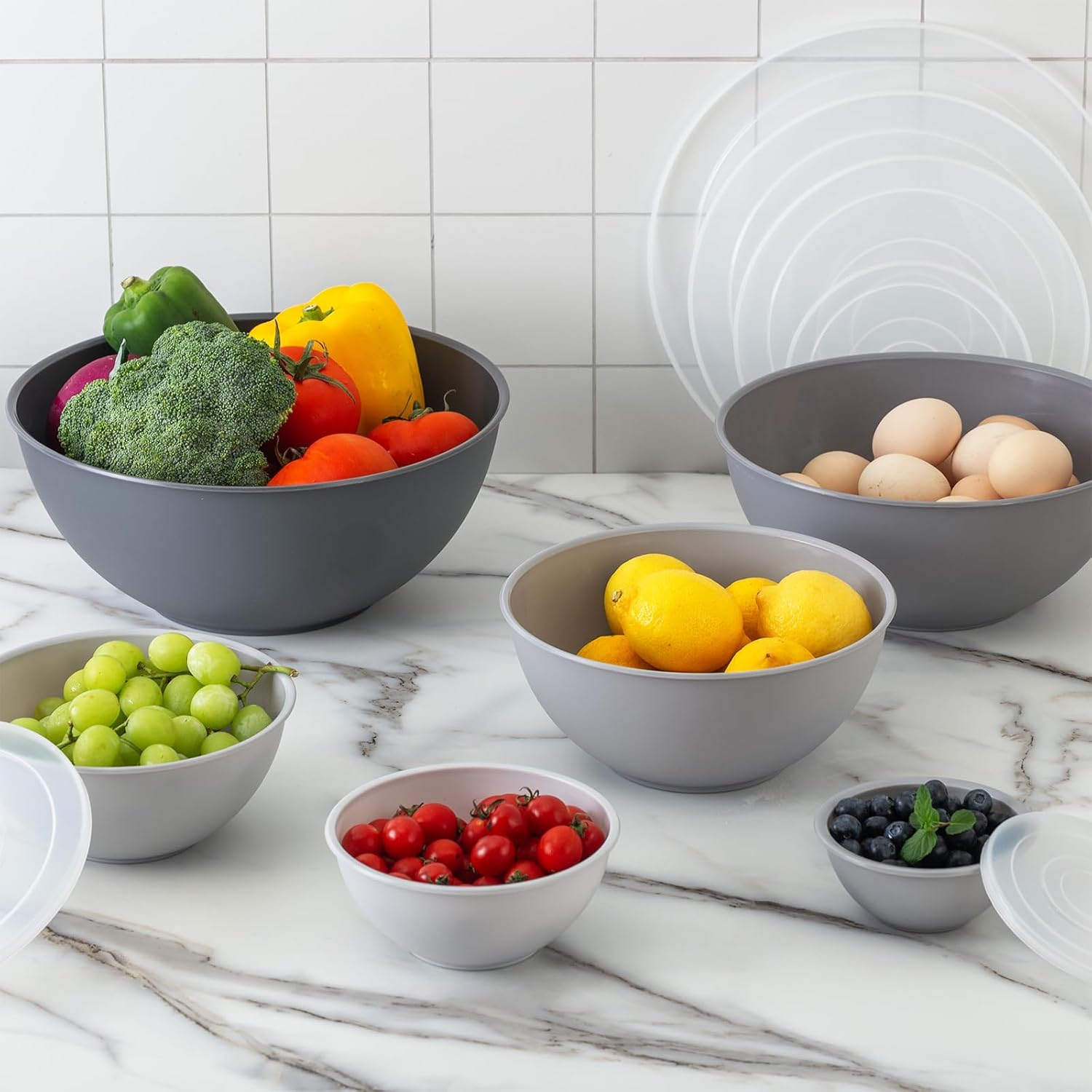 COOK WITH COLOR Mixing Bowls with TPR Lids - 12 Piece Plastic Nesting Bowls Set Includes 6 Prep Bowls and 6 Lids, Microwave Safe Mixing Bowl Set (Mint) - PuriLite
