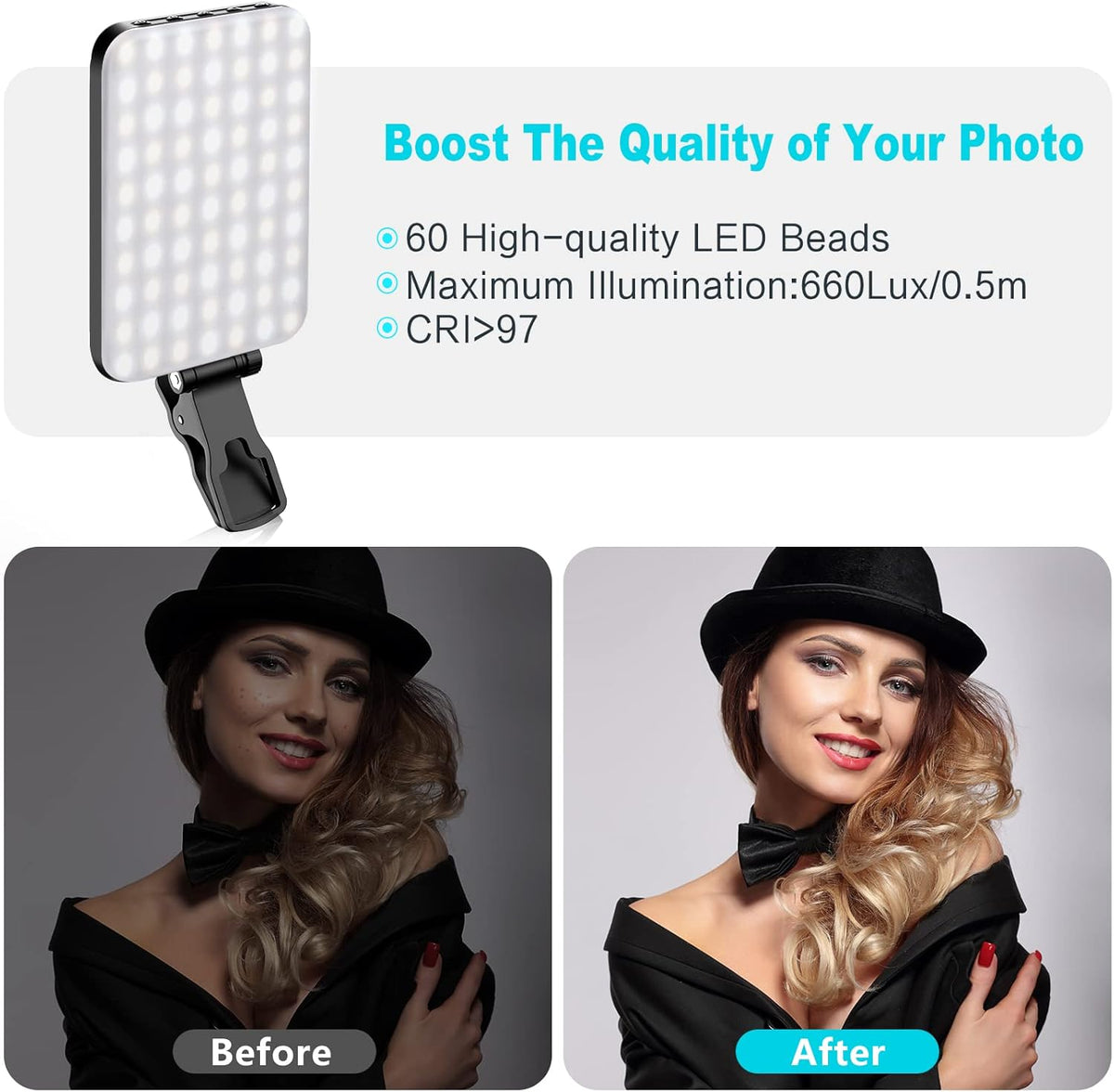 Anautin Selfie Light, 60 LED 2200mAh Rechargeable Clip Fill Video Light (Black) - PuriLite