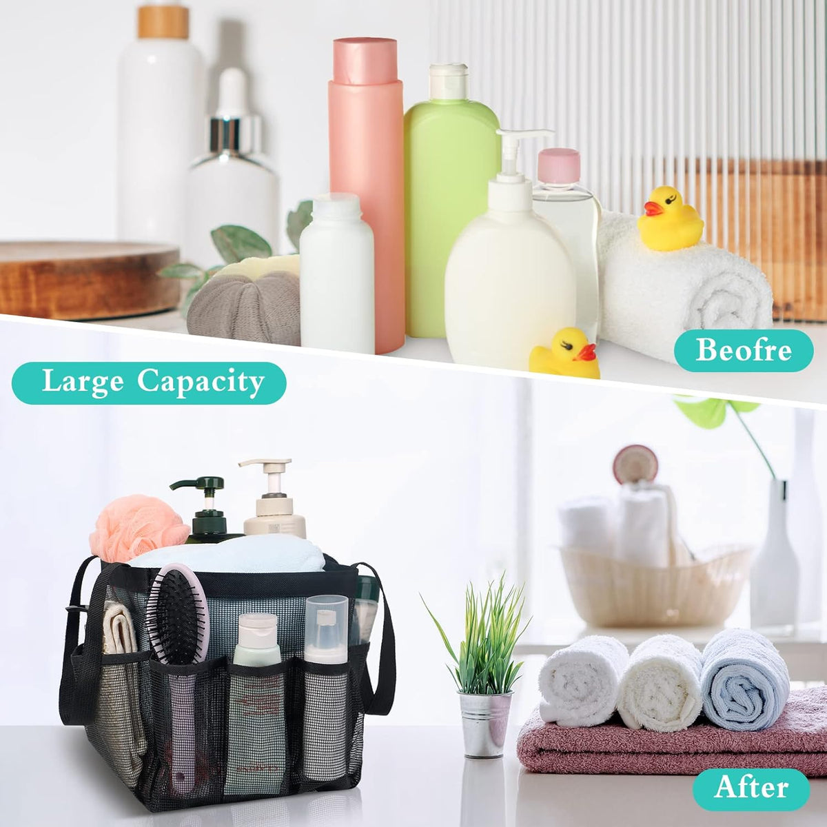 Attmu Mesh Shower Caddy Portable for College Dorm Room Essentials with 8 Pockets, Hanging Shower Caddy Basket Tote Bag Toiletry Accessories for Bathroom - PuriLite