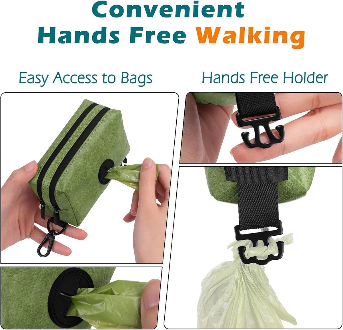 PetBonus Waterproof Dog Poop Bag Holder for leashes, Portable Pet Waste Bag Dispenser, 2 Pouches for Treat Holder and Walking Accessories, Fit All Leashes, Includes 1 Roll of Dog Poop Bags (Green) - PuriLite