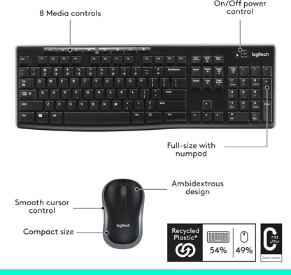 Logitech MK295 Wireless Mouse & Keyboard Combo with SilentTouch Technology, Full Numpad, Advanced Optical Tracking, Lag-Free Wireless, 90% Less Noise - Graphite - PuriLite