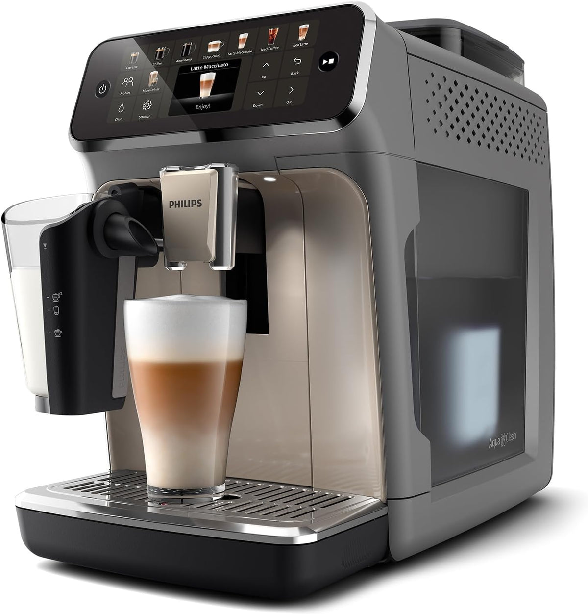 PHILIPS 5500 Series Fully Automatic Espresso Machine - LatteGo Milk System, 20 Coffee Varieties, Intuitive Touch Display, SilentBrew, 100% Ceramic Grinder, AquaClean Filter, Grey Chromed (EP5544/90) - PuriLite