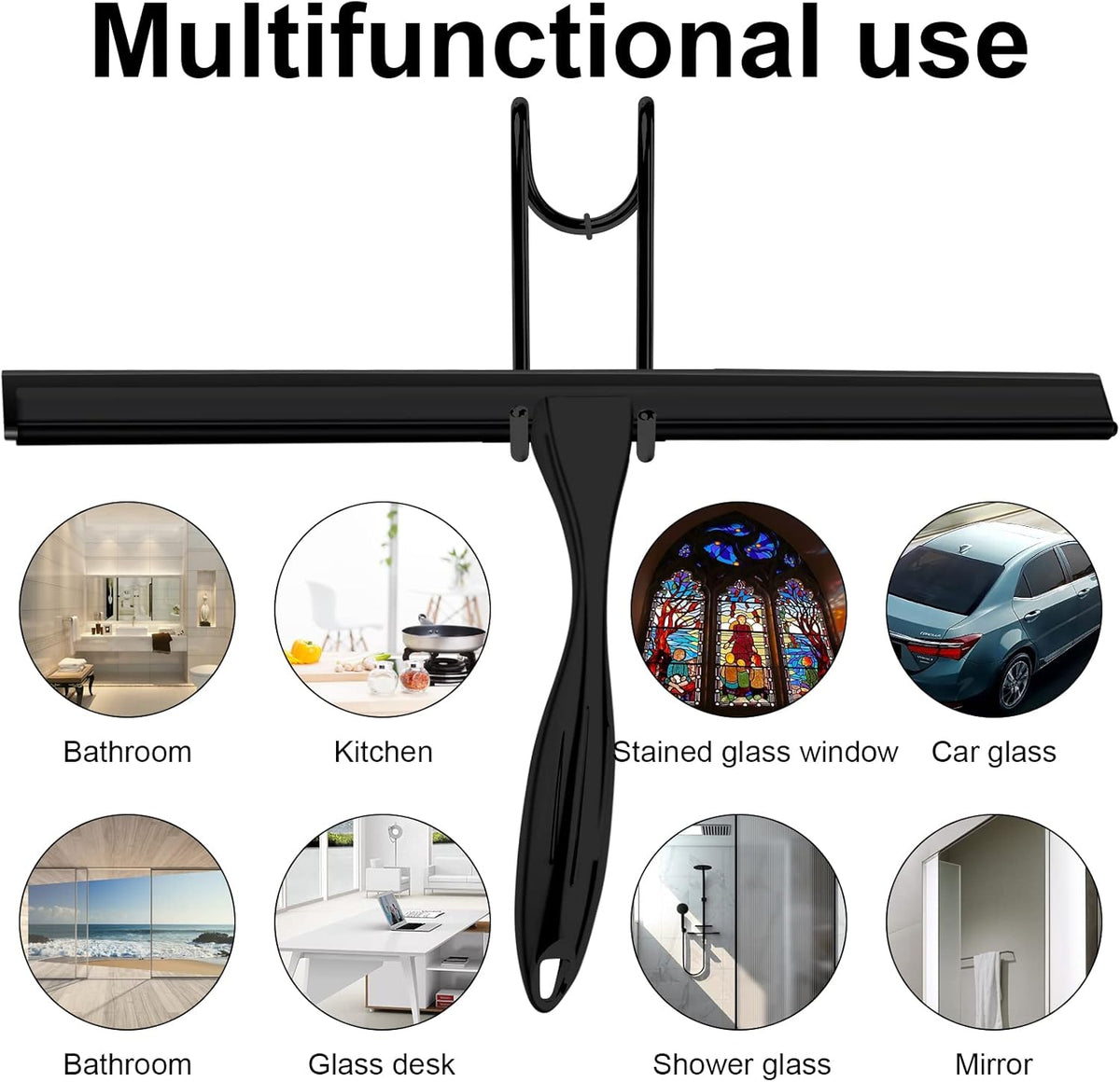 14 Inch Shower Squeegee Stainless Steel with Shower Door Hook and Adhesive Hook Glass Squeegee Bathroom for Doors, Bathroom, Windows, Kitchen, Mirror with Spare Silicone Blade 2 Hooks - PuriLite