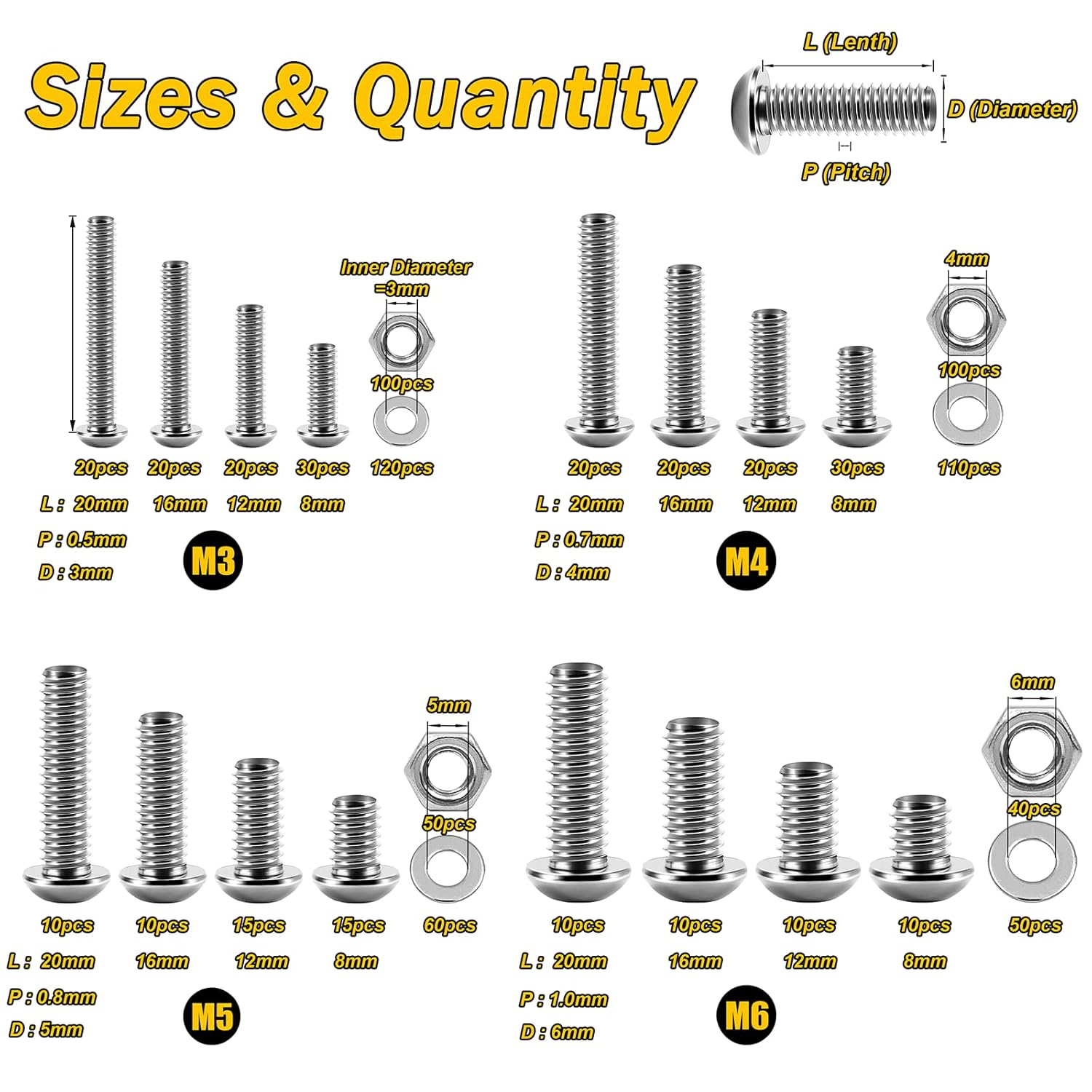 Mywish 900Pcs Metric Screw Assortment, M3 M4 M5 M6 Screw Assortment Kit 304 Stainless Steel Hex Socket Button Head Socket Cap Metric Screws Bolts & Flat Washers/Nuts/Hex Wrenches 16 Sizes 8MM to 20MM - PuriLite