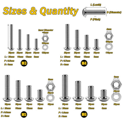 Mywish 900Pcs Metric Screw Assortment, M3 M4 M5 M6 Screw Assortment Kit 304 Stainless Steel Hex Socket Button Head Socket Cap Metric Screws Bolts & Flat Washers/Nuts/Hex Wrenches 16 Sizes 8MM to 20MM - PuriLite