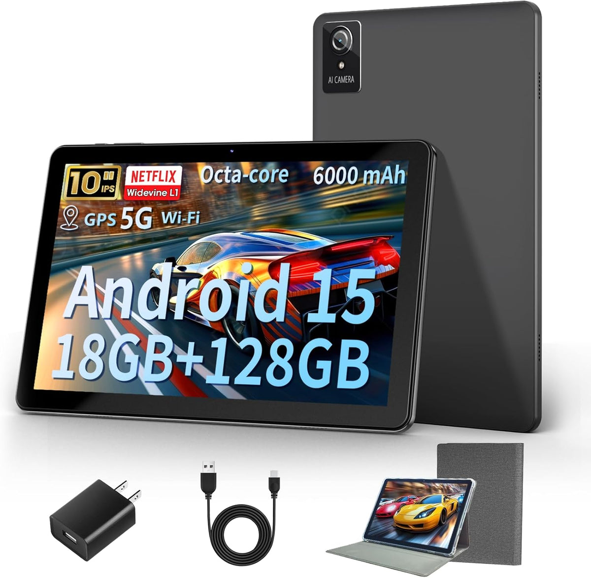 Tablet 10 Inch, 2025 Android 15 Newest Tablets, 18GB+128GB, 1TB Expand, Widevine L1 Compatible Octa-Core Tablet with WiFi 6, 6000mAh Battery, Dual Camera(5MP+8MP) - PuriLite