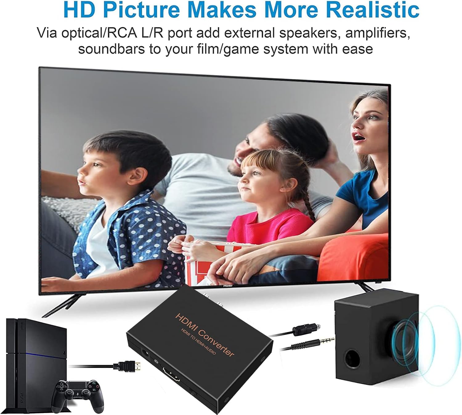 1080P HDMI Audio Extractor, HDMI to HDMI Audio (L/R RCA + Toslink Optical SPDIF) Video Converter Adapter Splitter with Optical Fiber Cable for PS3 PS4 Blu-ray DVD Player Sky HD Box - PuriLite