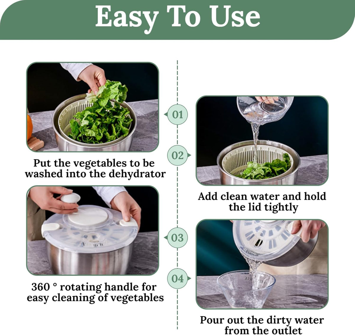 Salad Spinner 5L, Dual Layer Stainless Steel & PP Lettuce Spinner with Lid & Rotating Handle - PuriLite