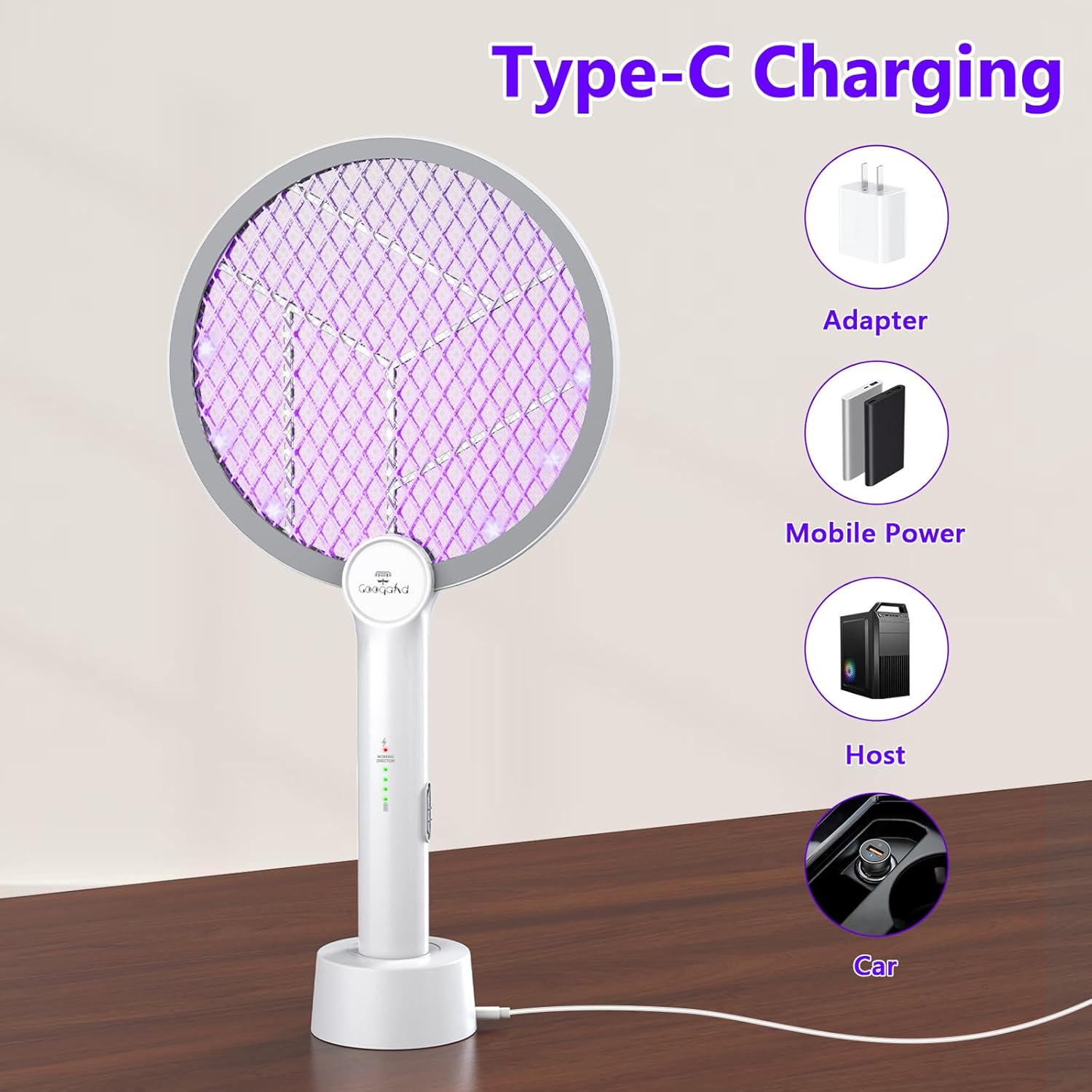 Gooqand Bug Zapper Racket, 2 in 1 Electric Fly Swatte with 3 Layer Safety Mesh, 4000V Fly Zapper with USB Rechargeable, Indoor Outdoor Fly Racket for Bedroom, Kitchen, Camping - PuriLite
