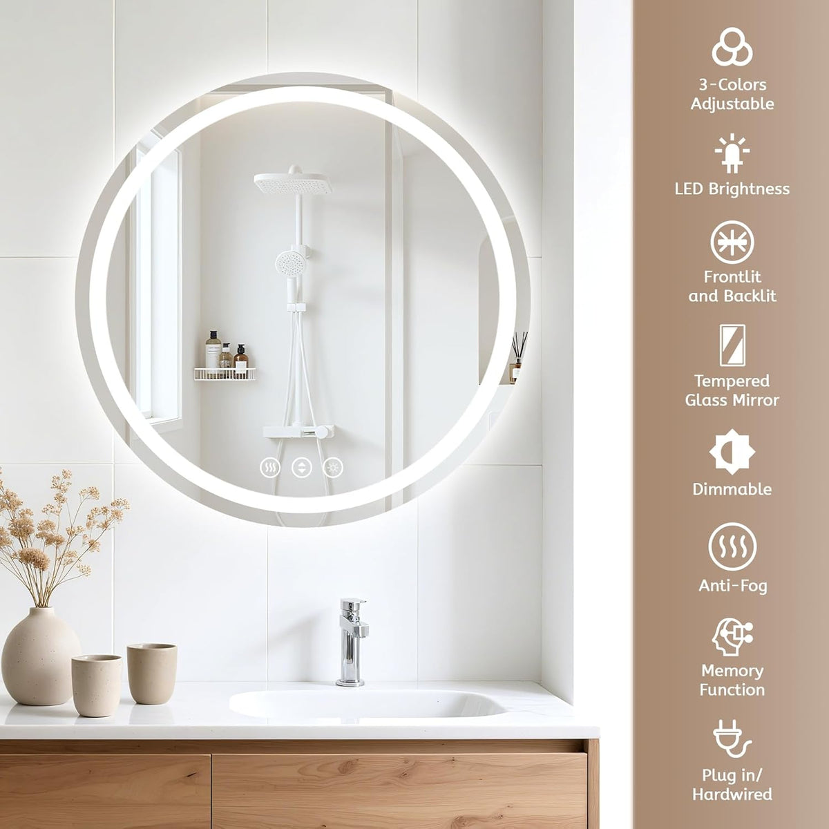 Lmsedf 24" x 32"Rectangle LED Bathroom Mirror with Lights, Backlit & Front Lighted, Wall-Mounted Vanity Mirror 3000K/4000K/6000K, Memory Functions, Anti-Fog, Dimmable Smart Mirror - PuriLite