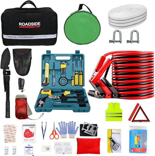 Car Emergency Kit with Tow Rope, Jumper Cables, Tire Repair & First Aid
