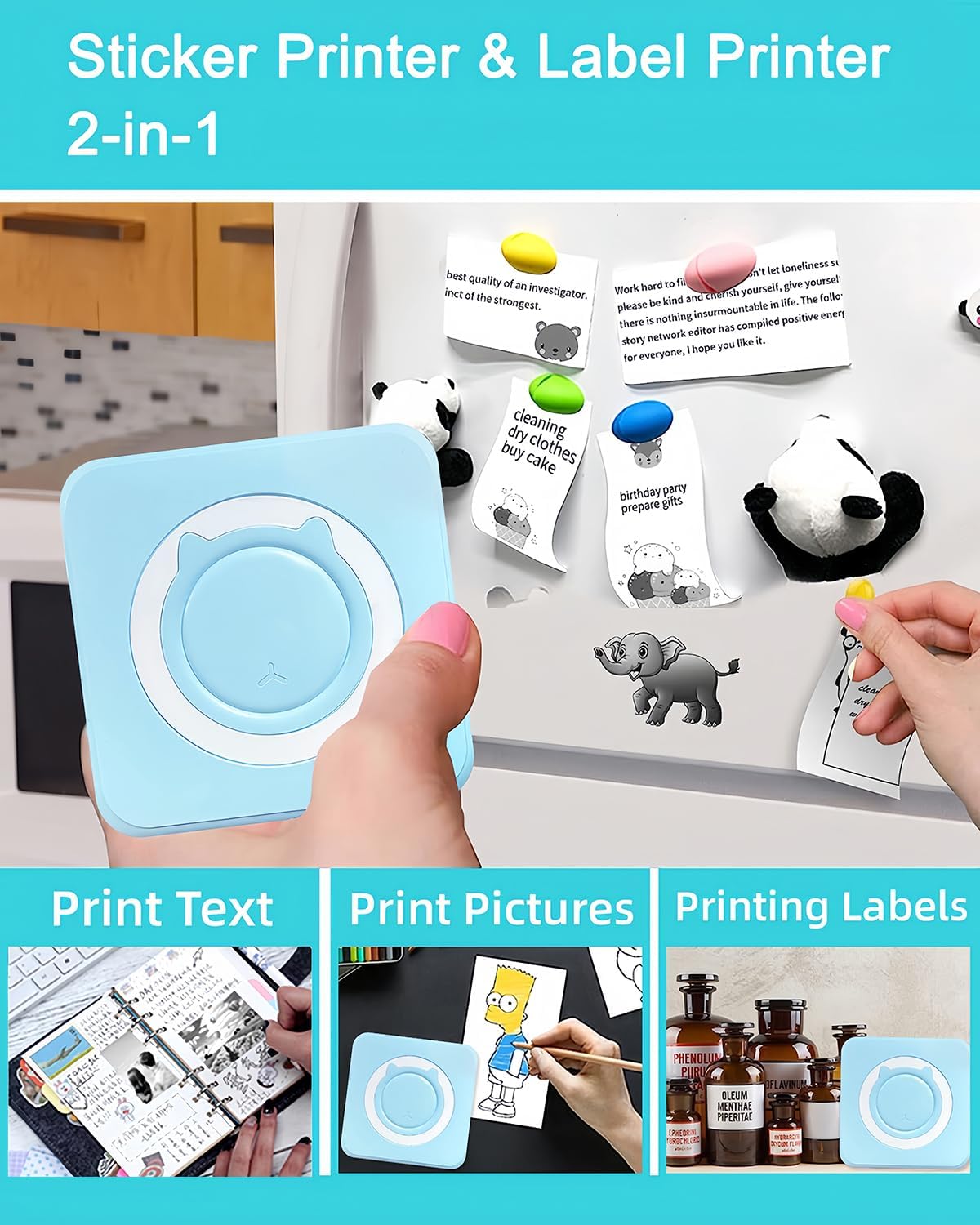 Label Maker - Mini Portable Sticker Printer with 13 Rolls Self-Adhesive Thermal Papers, Labeller Machine for Home Office Study Business Texts Journal, Blue - PuriLite