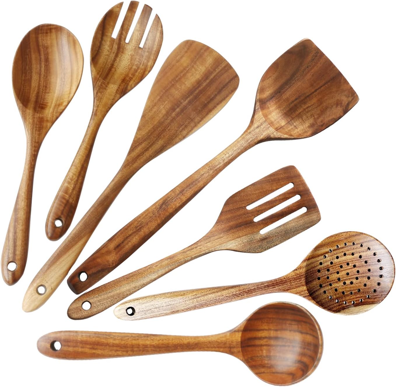 Wooden Spoons for Cooking, ADLORYEA Wood Kitchen Utensils Set, Natural Teak Wooden Cooking Utensils set for Nonstick Cookware, 7-Piece Sturdy Eco-friendly and Healthy Wooden Spatula for Cooking - PuriLite
