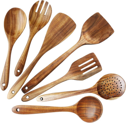 Wooden Spoons for Cooking, ADLORYEA Wood Kitchen Utensils Set, Natural Teak Wooden Cooking Utensils set for Nonstick Cookware, 7-Piece Sturdy Eco-friendly and Healthy Wooden Spatula for Cooking - PuriLite