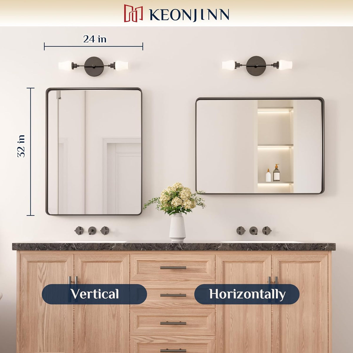 Keonjinn 42 x 36 Brushed Nickel Bathroom Vanity Mirror, Large Rounded Rectangle Bathroom Mirrors for over Sink, Metal Framed Silver Mirror for Wall, Shatterproof HD Tempered Glass(Horizontal/Vertical) - PuriLite