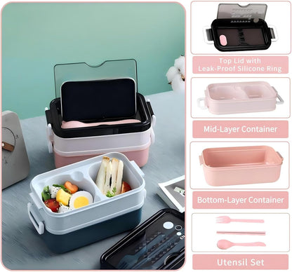 Bento Box, Lunch Box for Adult, Compact Bento Box Set- 2-Layer Stackable Lunch Box with Utensils, Leak-Proof and Durable Food Container for Work, Picnic, and Travel (Pink) - PuriLite
