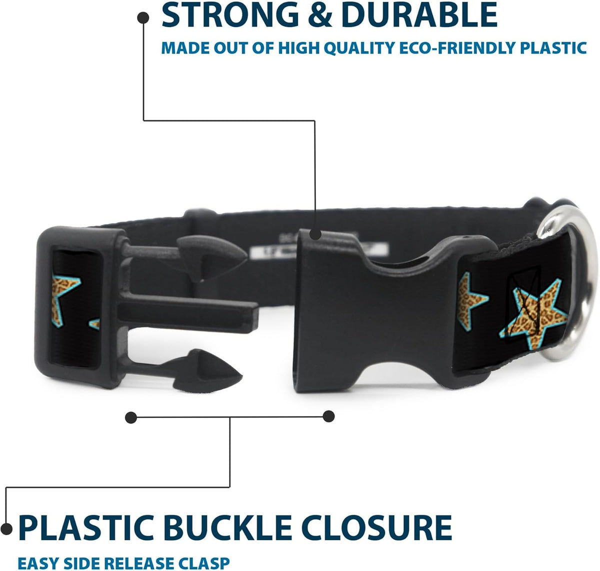 Buckle-Down PC-W21909-M Dog Collar Plastic Clip Buckle, 1"x11"-17", Star Black/White - PuriLite