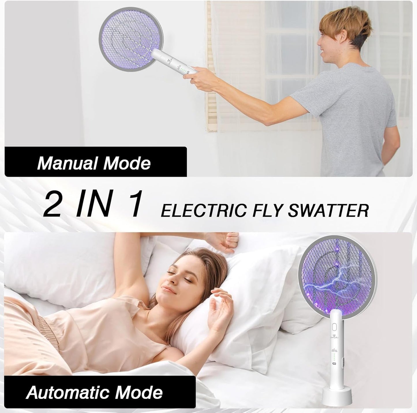 Gooqand Bug Zapper Racket, 2 in 1 Electric Fly Swatte with 3 Layer Safety Mesh, 4000V Fly Zapper with USB Rechargeable, Indoor Outdoor Fly Racket for Bedroom, Kitchen, Camping - PuriLite
