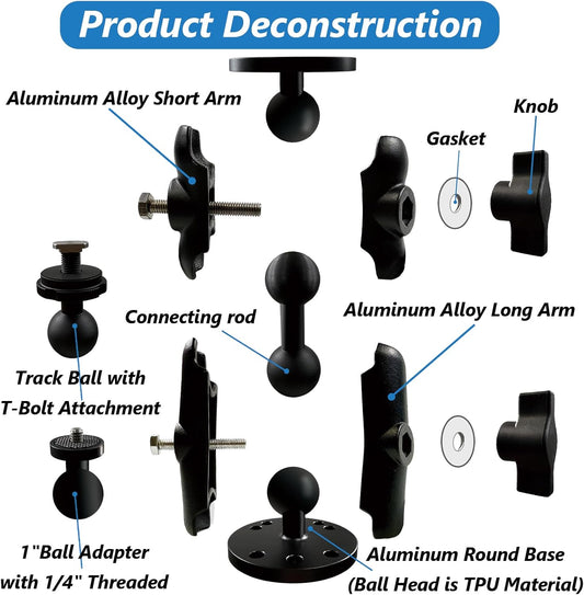 Fish Finder Mount, Aluminum Arm Extension, T-Bolt Attachment for Track Systems, B Size Ball Mount Compatible with RAM, Double AMPS Round Plate for GPS/Boats/Industry - PuriLite