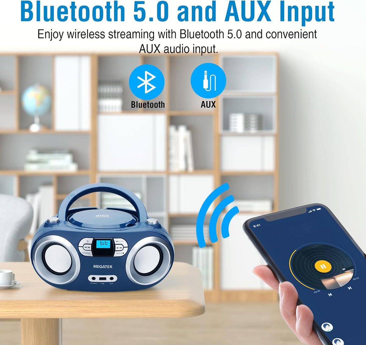 MEGATEK Portable CD Player Boombox with FM Radio, Bluetooth, USB Port, AUX Input, and Headphone Jack – CD-R/CD-RW/MP3-CD Compatible, Clear Stereo Sound, Backlit LCD Display – Black - PuriLite