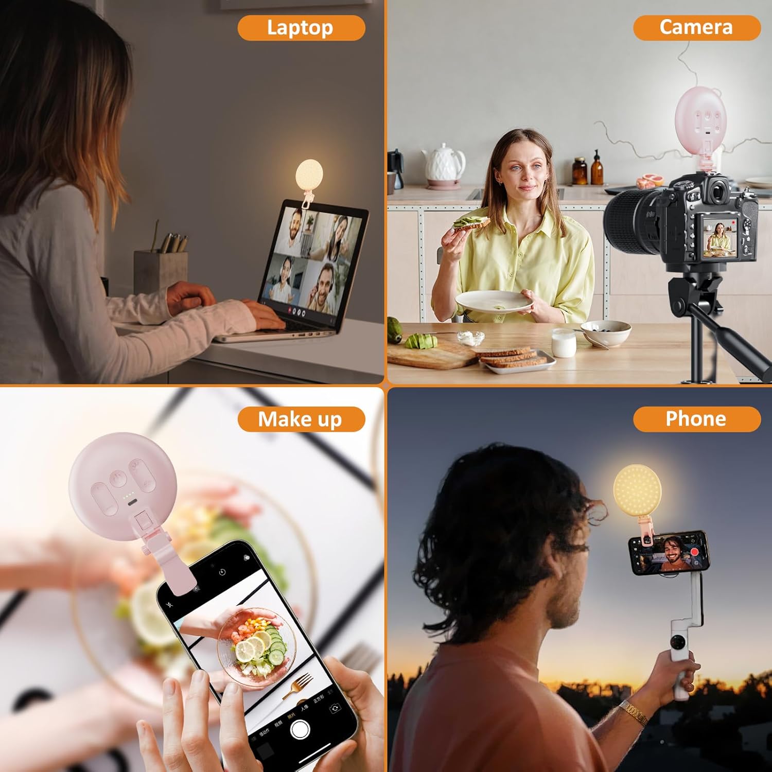 Anautin 60 LED Ring Light, Rechargeable Selfie Light with Front & Back Clip, 2500-6500K Portable Phone Light, Adjustable 3 Light Modes for iPhone, iPad, Tablet, Laptop, CRI97+, 90 Grams (White) - PuriLite