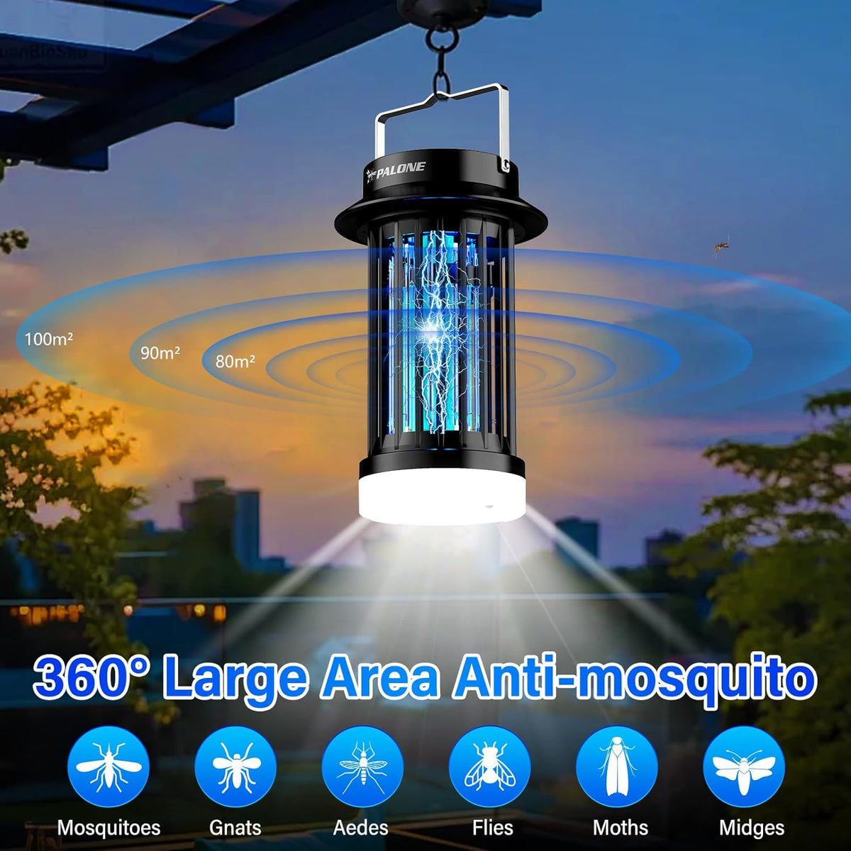 PALONE Bug Zapper, Electric Bug Zapper with 4200V,Indoor Bug Zapper with 2600mAh Used for 13 Hours, Portable Electric Flytrap,Outdoor Bug Zapper for Home,Backyard,Patio,Camping and Fishing - PuriLite
