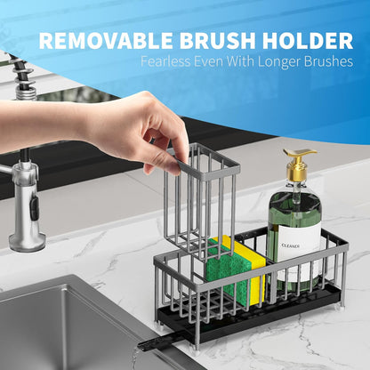 Cisily Sponge Holder for Kitchen Sink, Sink Caddy with High Brush Holder, Organzier Rustproof 304 Stainless Steel Dish Organizer Divider, Soap Dispenser Storage (Black) - PuriLite