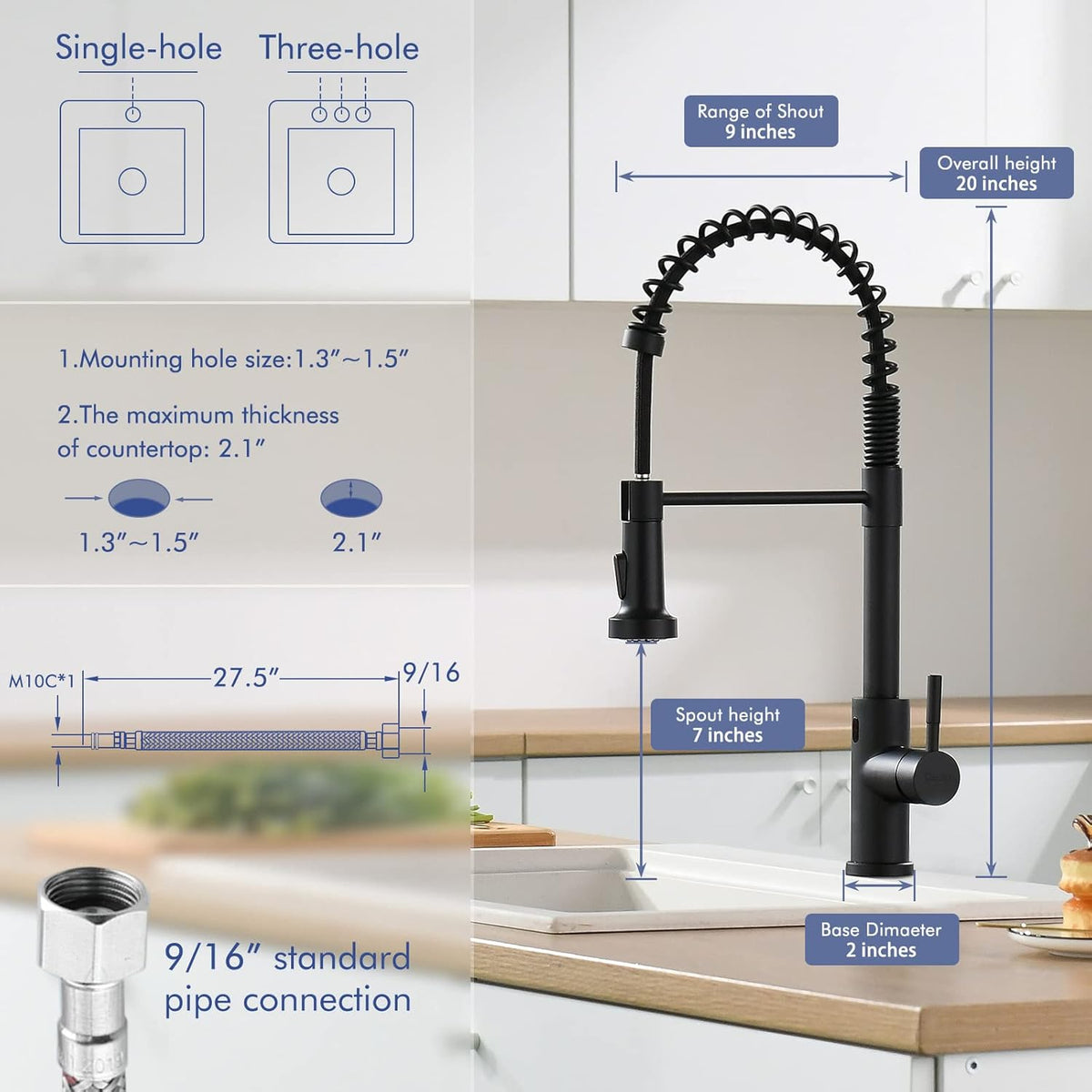 GIMILI Matte Black Kitchen Faucet with LED Light,Single Hole Spring Kitchen Sink Faucet with Pull Down Sprayer - PuriLite