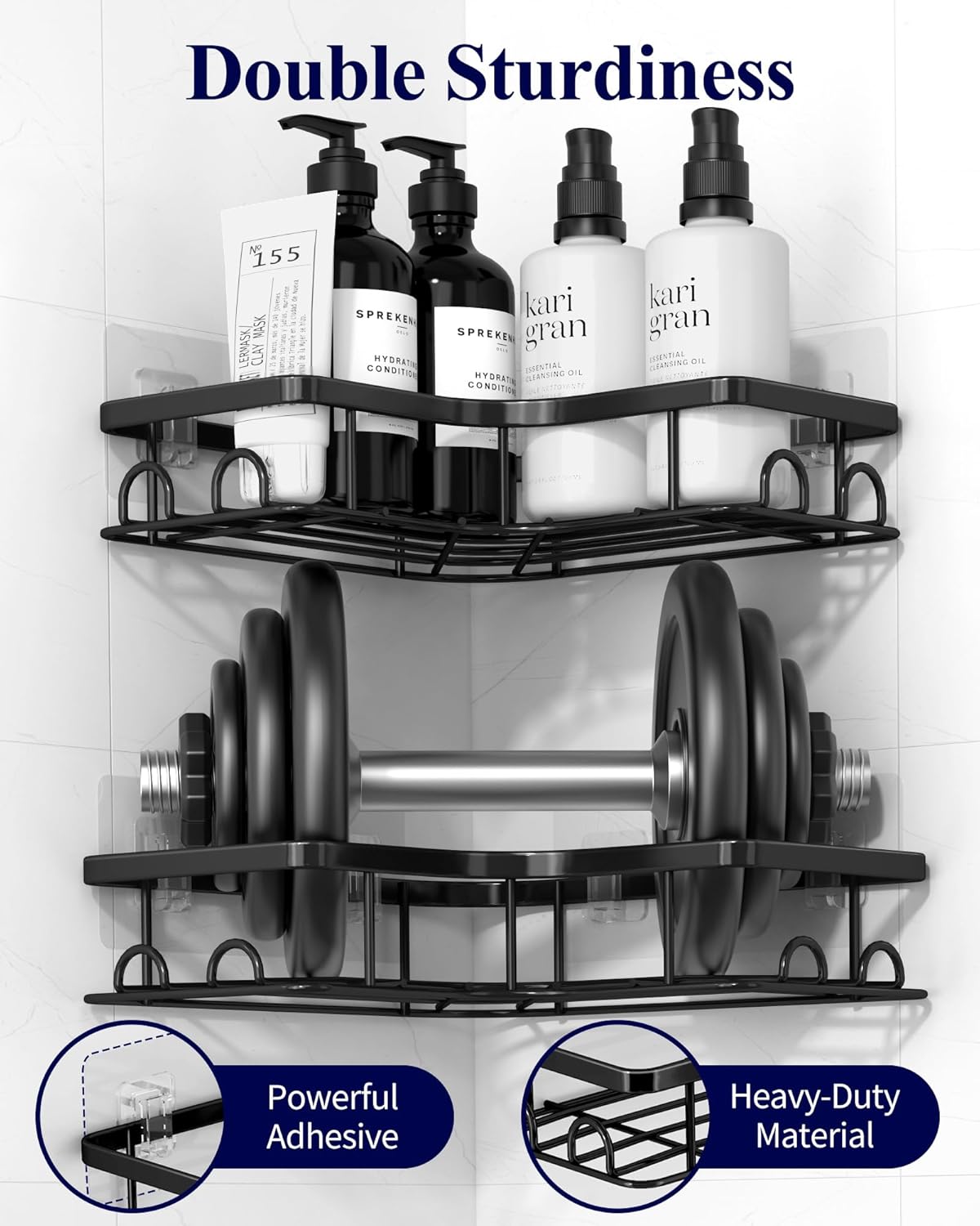 Kitsure Corner Shower Caddy - 2 Pack Rustproof Shower Organizer, Durable Shower Shelf with Large Capacity, Drill-Free Adhesive Bathroom Shelves with 4 Movable Hooks, 11.0 x 21.5 x 4.5cm, Black - PuriLite